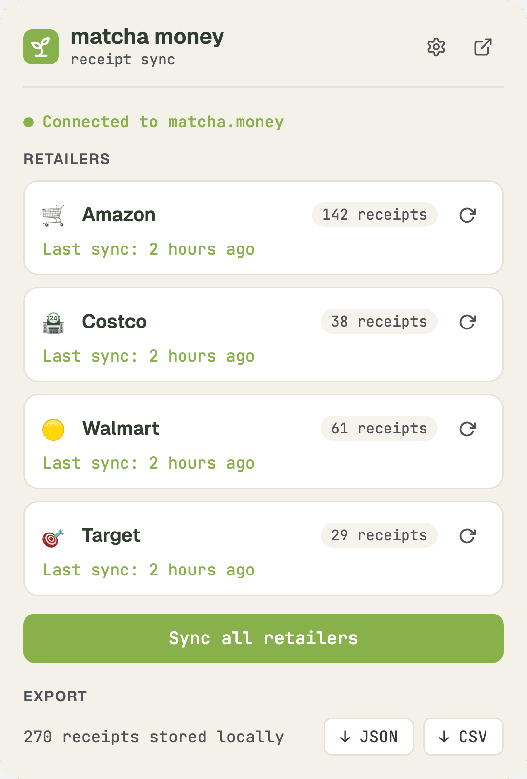 Receipt Sync extension showing itemized receipts from Amazon, Costco, Walmart, and Target
