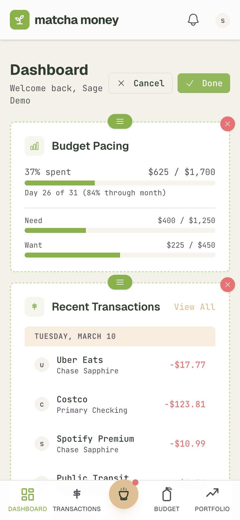 Dashboard in edit mode