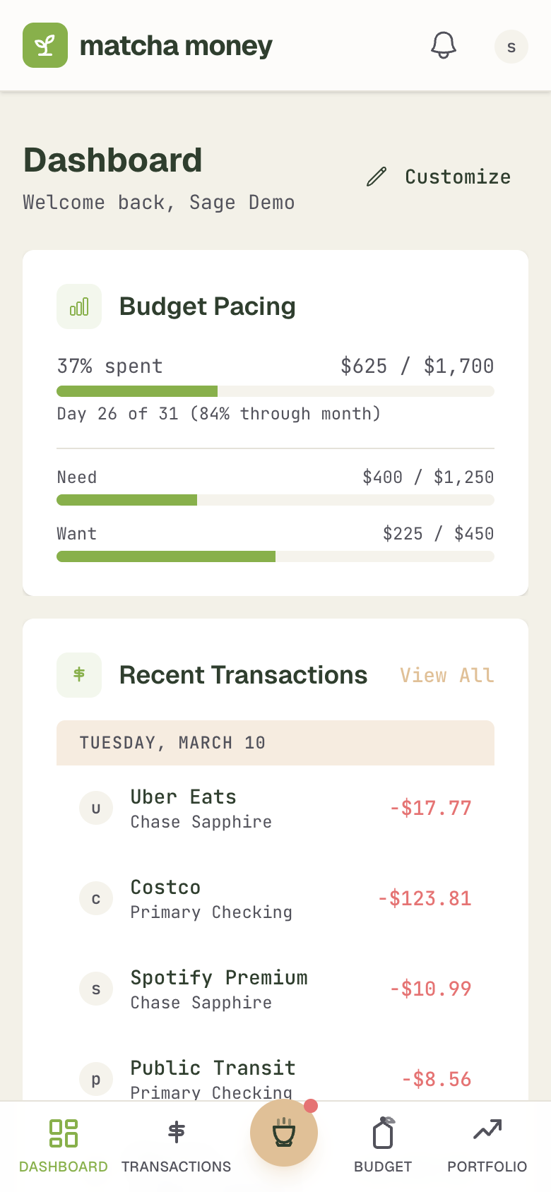 matcha money dashboard